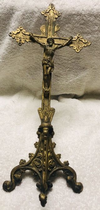 Vintage Inri Rare Solid Brass Standing Altar Crucific Christ Cross Jesus