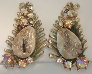 Rare Vintage Har Gold Plate Enamel Rhinestone Art Glass Dragon Tooth Earrings