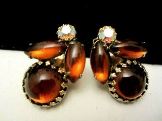 Rare Vintage 1 " Schreiner Ny Goldtone Amber Ab Rhinestone Clip On Earrings A59