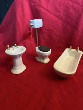 Vintage Ceramic 3 - Piece Dollhouse Bathroom Set Tub Toilet Sink