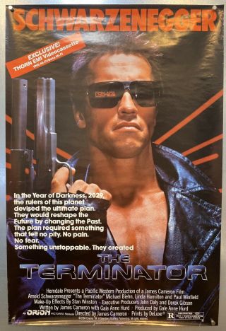 Rare Thorn Emi Vhs Version The Terminator 1984 Large Poster Schwarzenegger Vtg.