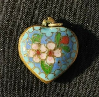 Vintage Cloisonne Enamel Puffy Heart Pendant In Floral Design 3/4 " Tall Unmarked