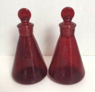 Vintage Pyrex Cruets Red Glass Rare Laboratory Bottles Ground Stoppers P