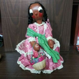Vintage Mexican Oil Cloth Girl Doll With Baby Strap To Back Handmade & Painted.