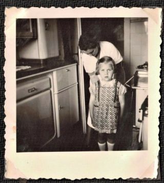 Antique Vintage Photograph Little Girl In Apron Standing W/ Mom In Retro Kitchen
