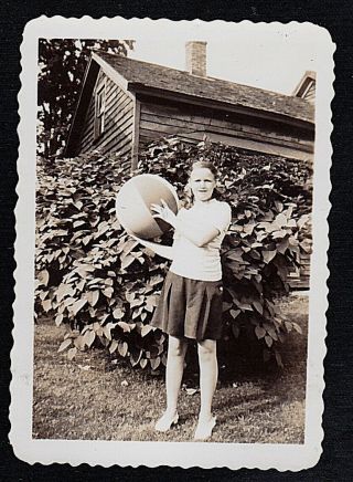 Antique Vintage Photograph Young Woman Holding Huge Beach Ball In Backyard