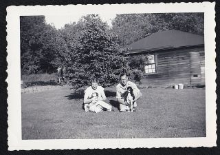 Antique Vintage Photograph Man And Woman Sitting On Lawn W/ Cute Puppy Dogs