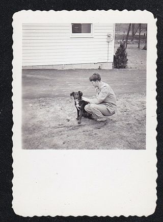 Vintage Antique Photograph Young Man With Cute Puppy Dog In Backyard
