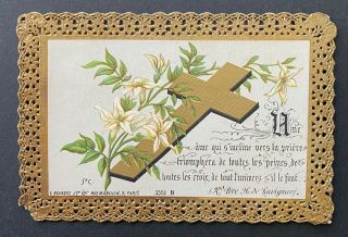 Antique Holy Card Vintage Canivet Lace Gold Cross Flower Ravignon Father Bouasse