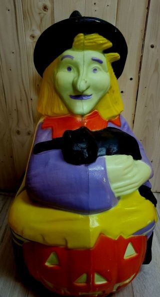 Vintage Rare Halloween Tpi Witch Pumpkin & Cat Plastic Lighted Blow Mold 23 "