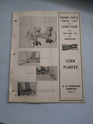 Vintage A.  B.  Farquhar Parts And Price List For Corn Planters