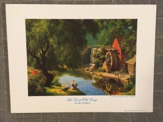 50s Vintage Paul Detlefsen Print Fishing At The Mill Pond Fine Detail Bold Color