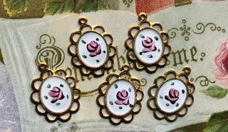 4 Vintage Guilloche Enamel Charms,  Hand Painted Pink Rose,  Enameled Charms G15er