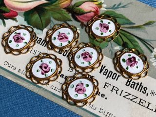 4 Vintage Guilloche Enamel Charms,  Hand Painted Pink Rose,  Enameled Charms 929h