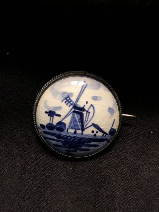Windmill Farm House Vintage Delft Holland Blue White Brooch Pin Silver Antique