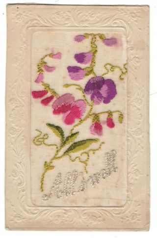 Antique Embroidered Embossed Silk Postcard All 