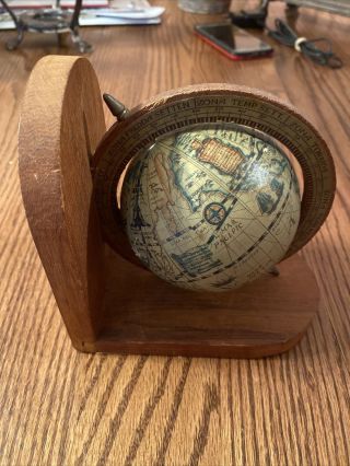 Vintage World Italian Desk Spinning Globe On Wooden Base Distressed
