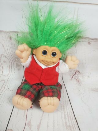 Vintage Stuffed Trolls Plush Green Hair Laid Outfit 9 " Christmas
