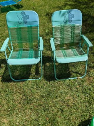 2 Vintage Vtg Rare Folding Lawn Chairs Beach Deck Pool Camp Vinyl Plastic Blue