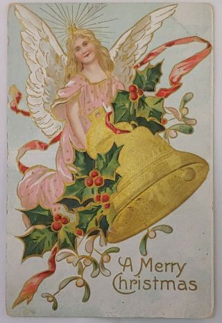 Christmas Angel Holding Bell With Holly Antique Postcard Posted 1908 A1
