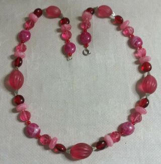 Vintage Silvertone Metal Pink & Red Plastic Bead 28 " Necklace