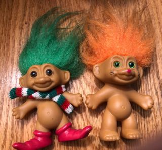 2 Christmas Troll Doll Elf/ Shoes Green Hair,  Halloween Kitty 3 Inches Vintage