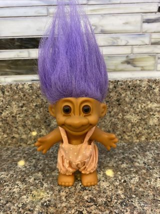 Vintage Russ Troll Easter Bunny 5 " Purple Hair And Pink Overalls W/ Tail