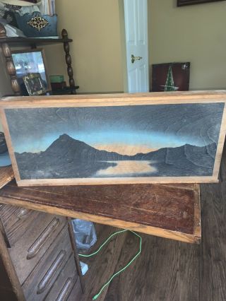 Vintage Wooden Slide Top Box With Mountain View Scene 18 1/2 " X 8 " X 1 3/4 "