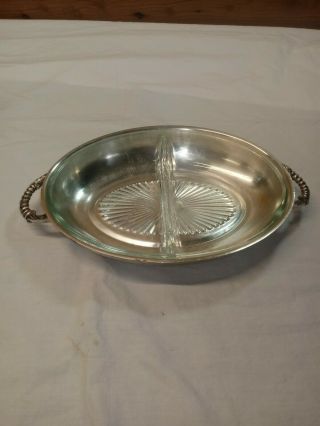 Vtg Silverplate Oval Divided Glass Insert Serving Relish Tray