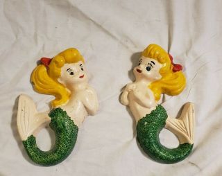 Vintage Rare 2 Mermaids Wall Plaques Chalkware