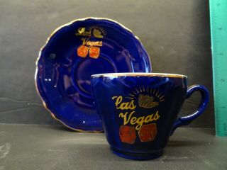 Vintage Made In Japan Las Vegas Tea Cup And Saucer Set Royal Blue With Gold Trim