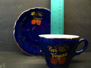 VINTAGE MADE IN JAPAN LAS VEGAS TEA CUP AND SAUCER SET ROYAL BLUE WITH GOLD TRIM 2