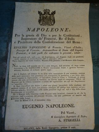 Rare 1809 Affiche Empire Italie Milano Eugene Beauharnais Justice Napoleon