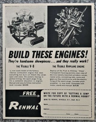 Vintage 1962 Renwal The Visible V - 8 & Airplane Engine Model Advertisement