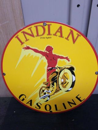 Vintage 1936 Spirit Red Indian Motorcycle Gasoline Porcelain Display Sign Rare