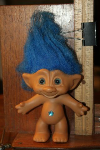 Vintage Treasure Troll Doll Blue Hair Belly Jewel Ace Novelty Wishstone