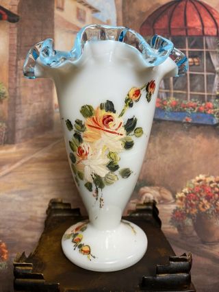 Vintage Fenton Hand Painted Glass Vase With Crimped Blue Trim