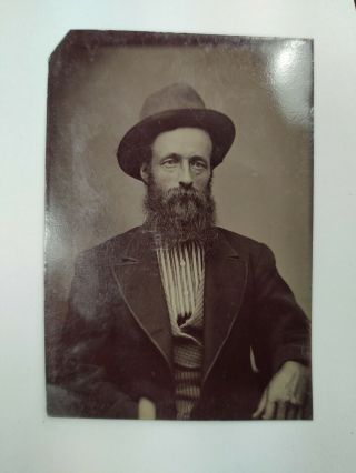 Antique American Portrait Of Man With Beard,  Striped Shirt & Hat Tintype Photo