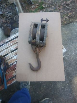 Antique Double Wood Block & Tackle Pulley With Hook Roached Out Steampunk