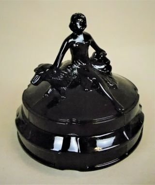 1930’s Art Deco L.  E.  Smith Girl With Dogs Powder Jar - Rare Black Glass