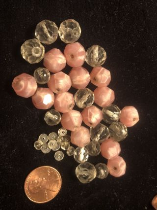 Antique Glass Beads Vintage 1920s Faceted Opaque Pink And Clear Crystal