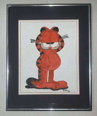 Vintage Framed Garfield The Cat Oil Painting On Canvas Signed E.  B.  ‘94 8”x10”