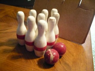 Antique Children’s Painted Wood Bowling Set With 6” Pins And 2 Balls