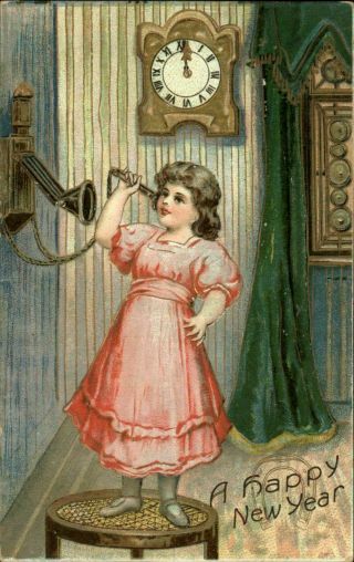 Year Edwardian Girl With Antique Wall Phone Clock Mailed Postcard