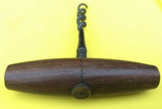 Antique Iron Corkscrew With Wooden Handle And Brass Washer