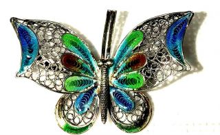 Vintage Antique Multi Color Enamel Butterfly 800 Silver Filigree 2 " Brooch