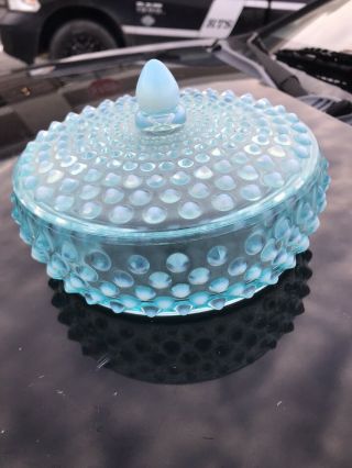 Rare Fenton Blue Opalescent Candy Dish And Lid Cover Hobnail Glass Vintage