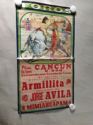 Vintage Bull Fighting Poster Plaza De Toros Cancun Mexico Quintana 1993