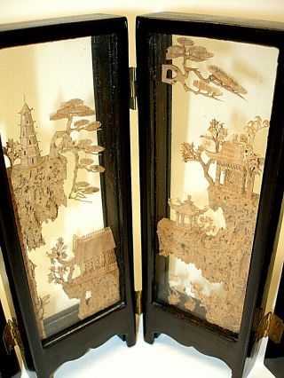 RARE 6 PANEL VINTAGE CHINESE HAND CARVED CORK ORIGAMI DIORAMA FOLDING SCREEN 2