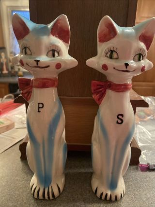 Vintage Smilimg Cat Salt And Pepper Shakers,  10”,  Very Rare,  Aqua And White